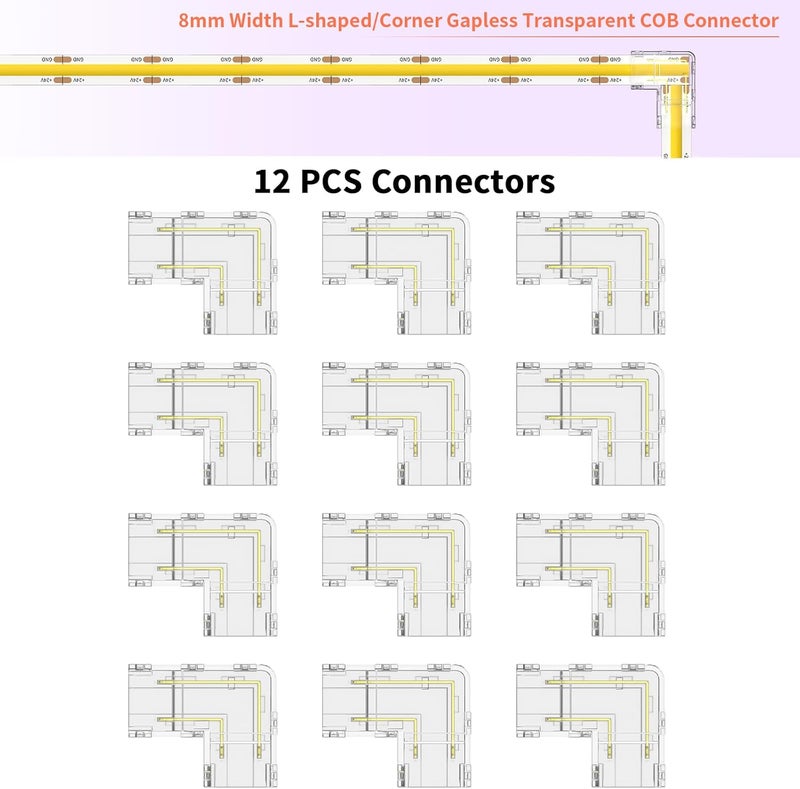 MIWISE 8mm Connectors Kit for 2-Pin COB LED Strip,12pcs Gapless L-Shaped/Corner Connectors,Solderless Extension Connectors for 5V/9V/12V/24V COB LED Strip Lights,for DIY Lighting Projects - Image 2